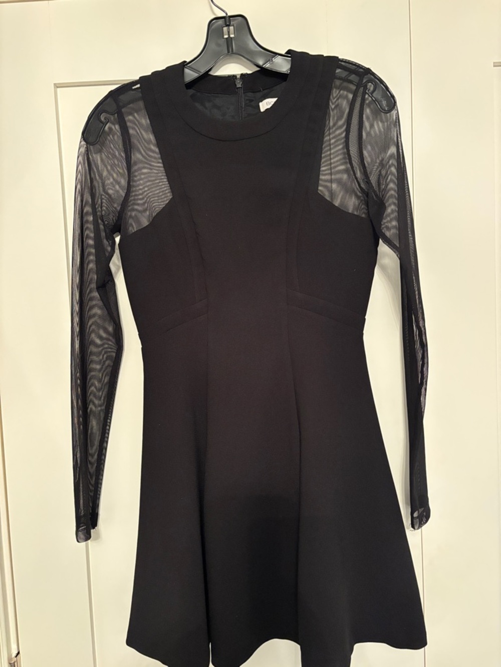 BCBGeneration Black Long-Sleeve Mesh Panel Fit & Flare Dress